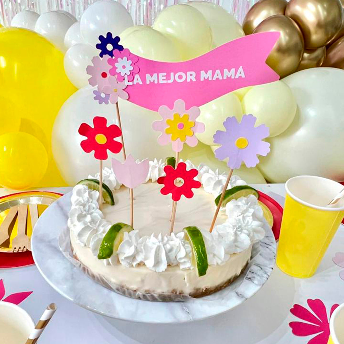 Cake Topper - "La Mejor Mamá" Rosa con Flores