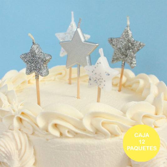 Caja Velas Estrellas - Glitter Plata (12 paquetes)