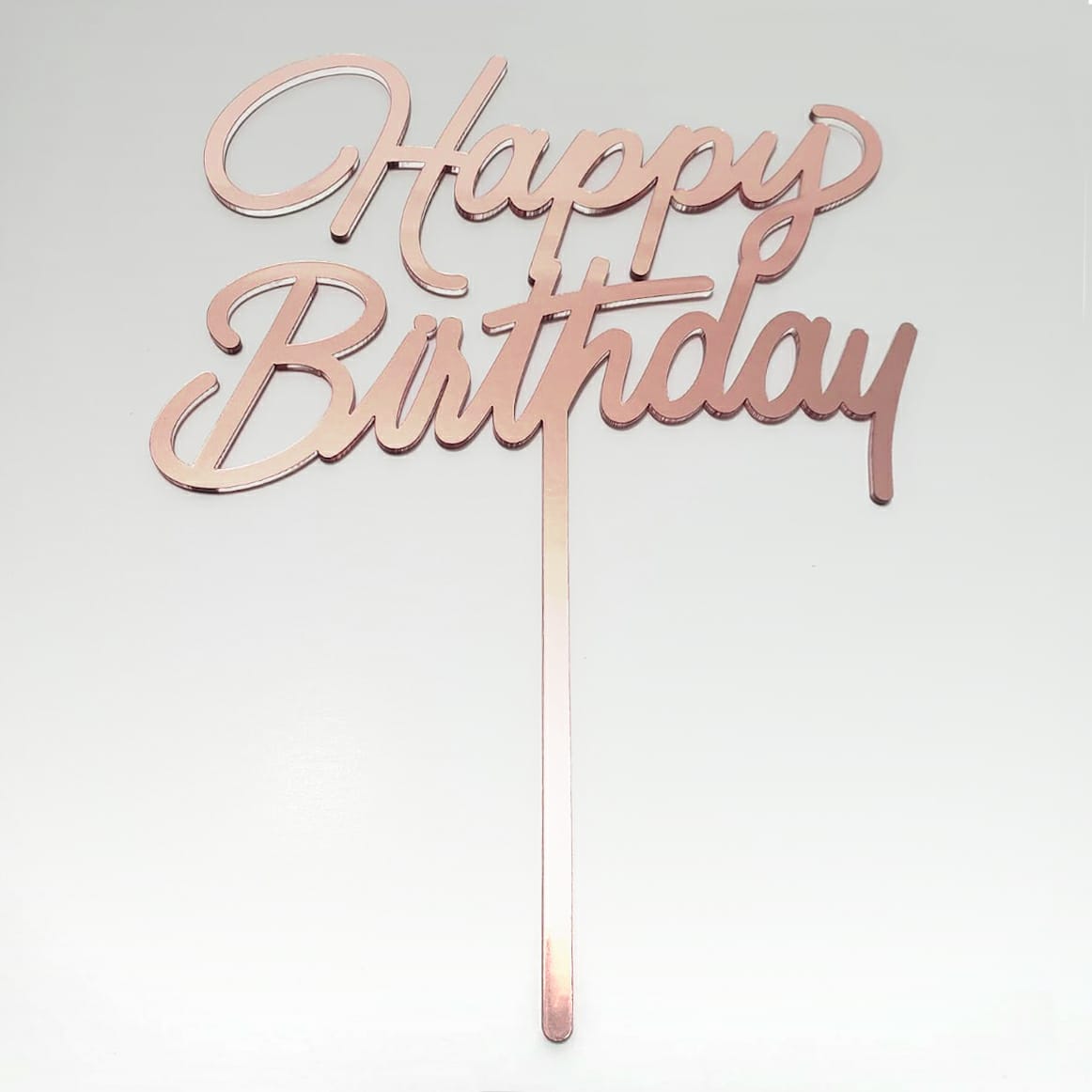 Cake Topper - Happy Birthday cursiva oro rosa