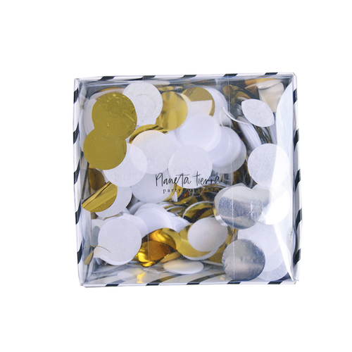 Caja Confetti Redondo - Dorado metálico y blanco